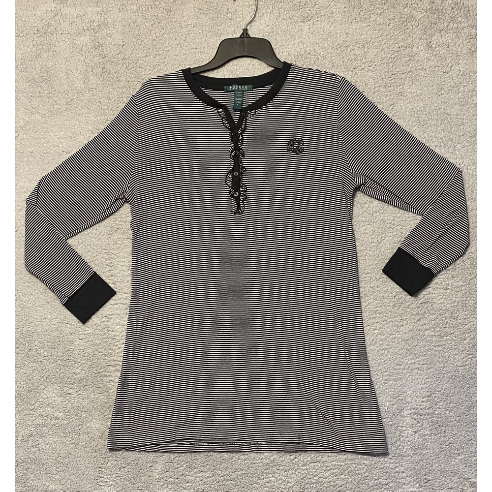 LRL Lauren Ralph Lauren Womens L Black White Striped Long Sleeve 1/4 button top